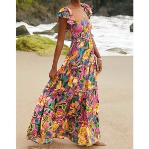 PQ Floral Dream Tropical Puff Sleeve Ruched Maxi Dress